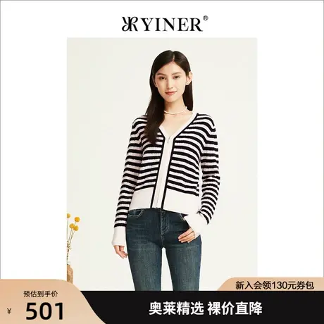 YINER音儿女装2022秋季新款条纹羊毛毛衣针织开衫商品大图