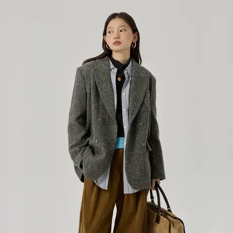 omont蛋挞家 复古全羊毛人字纹西装外套女冬季新宽松休闲西服商品大图