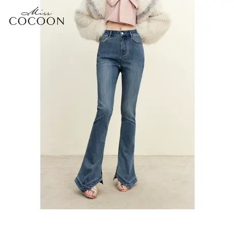 MISSCOCOON高腰时尚显瘦马蹄裤2023冬季新女百搭通勤微喇牛仔裤商品大图
