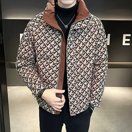 高级感冬季花色羽绒服男撞色满印轻熟风ins户外防寒冬装羽绒外套图片