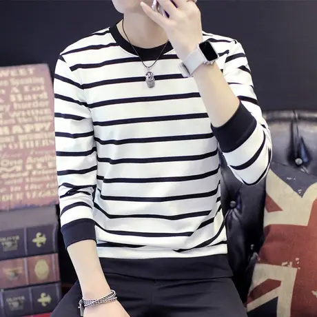 长袖t恤男士圆领条纹修身套头卫衣薄款春夏季2020新款青少年上衣商品大图