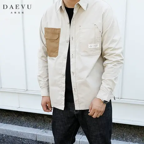 秋季新款复古工装杏色潮胖子大码男装加肥加大号男士长袖衬衣外套商品大图