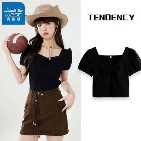 VR真维斯方领短袖t恤女2023夏季修身短款法式泡泡袖上衣黑色显瘦V图片