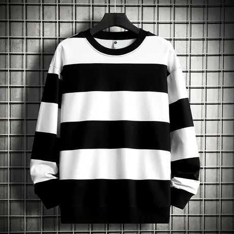 重磅卫衣男潮牌春秋款套头无帽上衣宽松潮流黑白撞色圆领长袖t恤商品大图