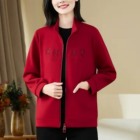 立领卫衣外套女春秋2024年新款时尚宽松休闲拉链上衣重磅棉质夹克图片