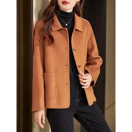 宝诗黎纯色翻领短款双面呢毛呢外套2024早春新款时尚高端羊毛大衣商品大图