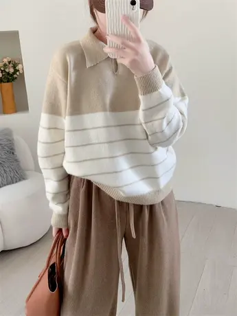 Polo领软糯套头毛衣女2023新款秋冬韩版上衣气质温柔风条纹针织衫商品大图