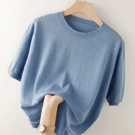 春夏新款t恤女短袖打底ins潮韩版宽松纯色圆领半袖羊毛针织衫短款图片