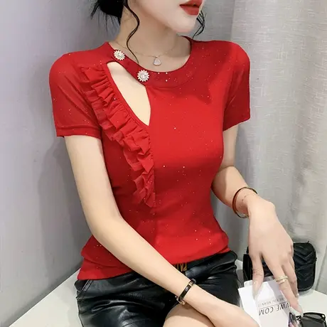 欧货荷叶边网纱T恤女短袖性感镂空露锁骨上衣纯色百搭洋气小衫ins图片