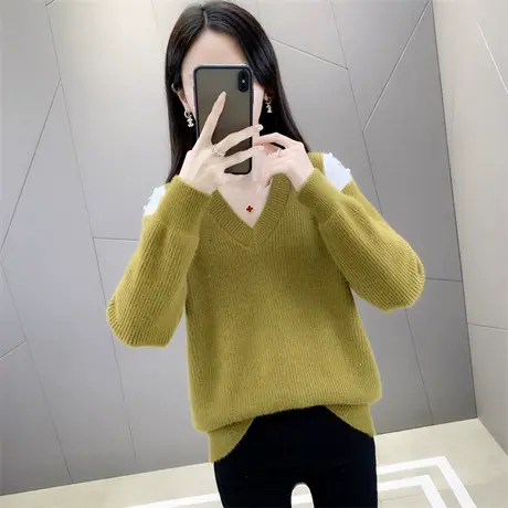 女士水貂绒v领毛衣内搭秋冬2022年新款爆款软糯糯针织打底衫上衣商品大图