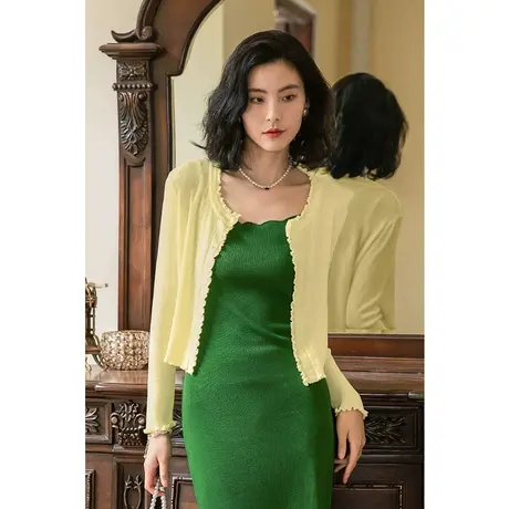 弥古白色针织小开衫春秋薄款气质木耳边上衣女短款吊带裙外搭罩衫商品大图