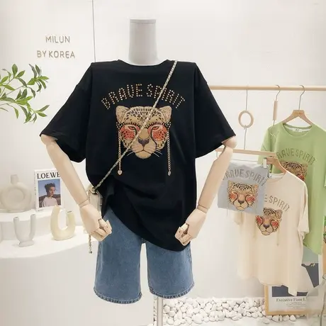 2022夏季新款韩国东大门个性时髦老虎头镶钻短袖T恤上衣大码欧货商品大图