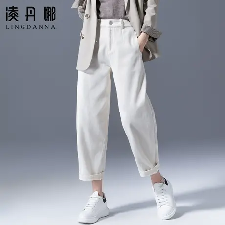 米白色裤子女春秋2024新款大码胖mm休闲九分宽松女裤萝卜裤灯笼裤图片