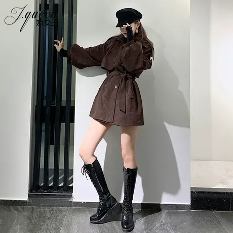 西装领风衣外套女中长款秋季新款复古灯笼袖收腰显瘦加厚大衣外套商品大图