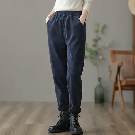 dza 高腰显瘦加厚加绒灯芯绒裤子女冬季百搭直筒休闲裤宽松阔腿裤商品大图