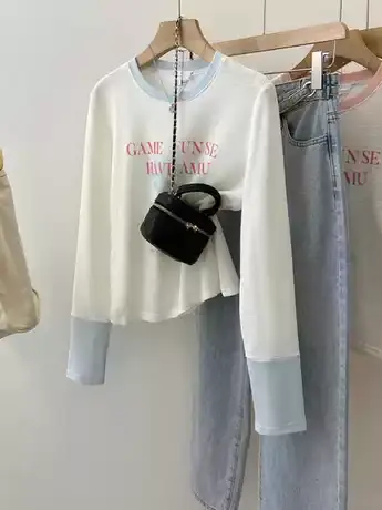 甜辣猫咪印花长袖T恤女秋季小众设计感拼接修身短款打底衫上衣潮商品大图