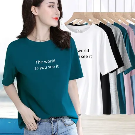纯棉短袖女宽松休闲百搭t恤2024年夏季外穿英文字母印花体恤上衣图片