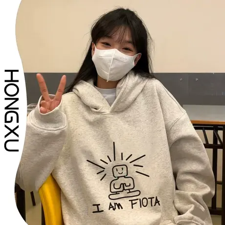 红续加绒加厚连帽卫衣女2023新款oversize宽松显瘦百搭上衣长袖潮商品大图