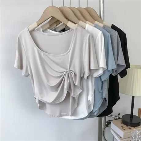 莫代尔方领短款T恤罩衫女高腰简约小短款瑜伽运动练功服瑜伽上衣商品大图