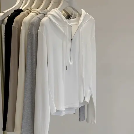 小众设计感T恤长袖女早秋纯棉百搭修身显瘦半拉链连帽短款上衣服商品大图