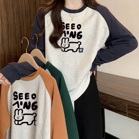 ins超火加绒加厚拼接撞色插肩长袖无帽圆领卫衣女秋冬宽松上衣服商品大图