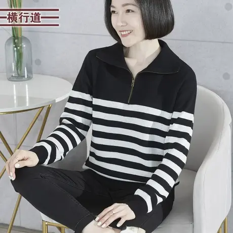 2024新款春装大翻领拉链条纹宽松长袖毛衣针织衫女装大码妈妈上衣商品大图