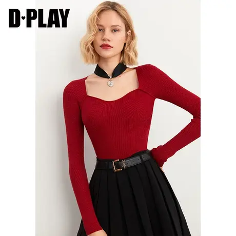DPLAY秋装新正红色长袖针织衫方领性感气质简约小个子上衣图片