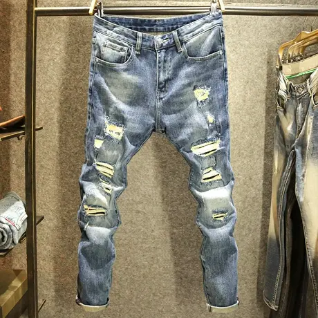 秋冬款潮牌牛仔裤男款破洞刮烂乞丐裤子男士高街潮男穿搭小脚裤厚商品大图