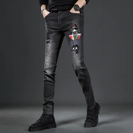 破洞牛仔裤男秋冬季2022新款个性刺绣潮牌修身小脚黑色弹力裤子男商品大图