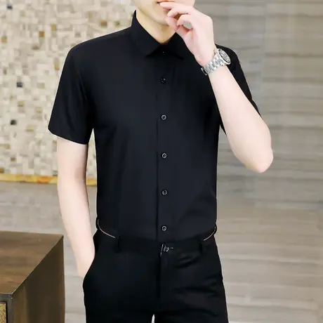 夏季竹纤维短袖衬衫男士商务休闲职业装免烫短袖衬衣正装黑色寸衫图片