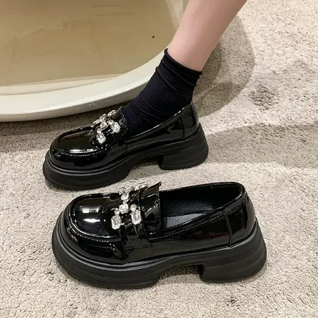 乐福鞋女2023年秋季新款时尚水钻一脚蹬高跟厚底显瘦英伦风小皮鞋商品大图