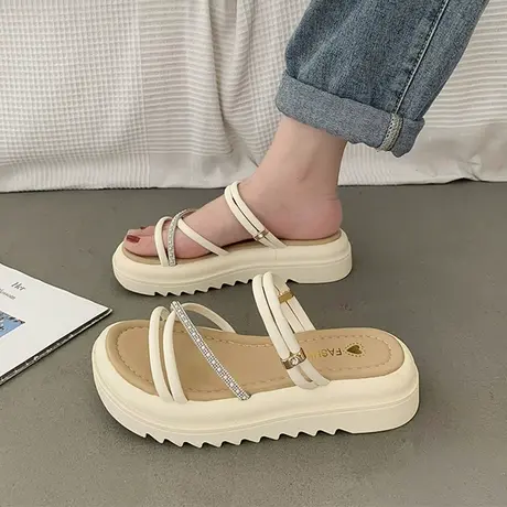 凉拖鞋女夏外穿2023新款厚底晚风休闲孕妇平底一字带两穿沙滩凉鞋图片