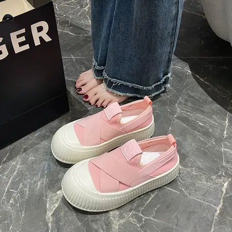 小白鞋女2024新款夏季透气网面饼干帆布鞋一脚蹬厚底女鞋百搭板鞋商品大图