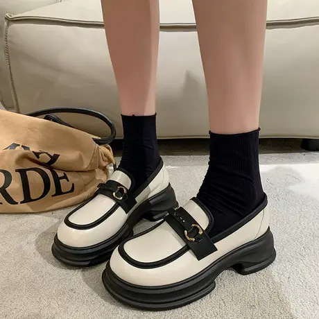 拼色英伦风小皮鞋女2023秋季新款厚底法式爆款软底乐福鞋黑色鞋子商品大图