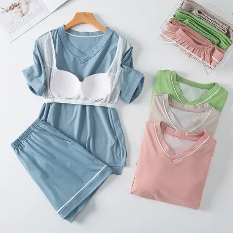 女夏季带胸垫短袖T恤家居服套装免穿文胸内衣棉上衣外穿短裤睡衣图片