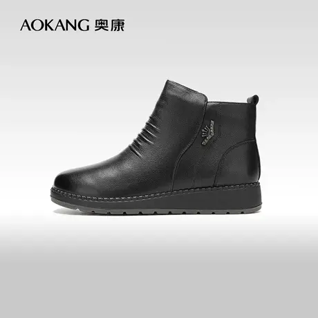 【门店发货】奥康女鞋 冬季新款真皮加绒保暖妈妈棉鞋短靴商品大图