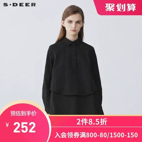 sdeer圣迪奥2021新品翻领半门襟拼接不规则黑色长袖衬衫S21360515图片