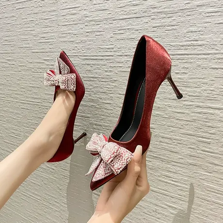 红色婚鞋新娘鞋礼服高跟鞋女细跟2024新款水钻蝴蝶结尖头气质单鞋图片