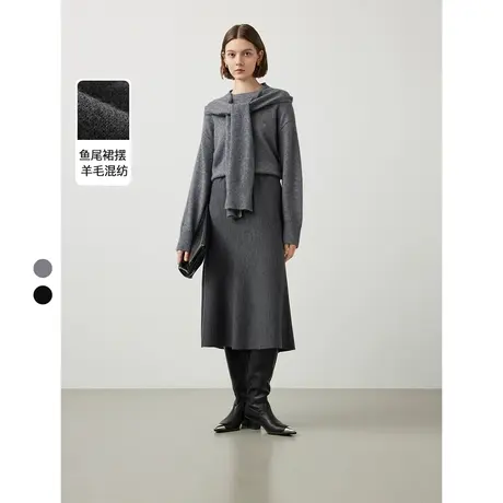 【文怡直播】朗姿羊毛复古设计感鱼尾针织半身裙女冬气质显瘦裙子图片