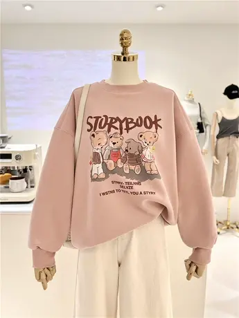 冬搭复古美式卡通减龄印花宽松加绒加厚保暖圆领套头卫衣女外穿商品大图