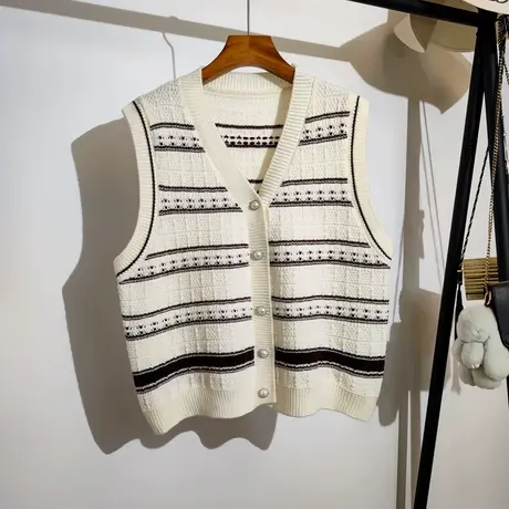 条纹毛衣马甲开衫女秋冬新款韩版宽松v领打底内搭针织衫背心外穿商品大图