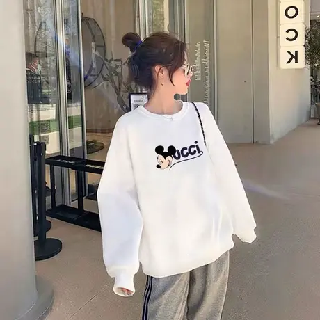 白色圆领卫衣女潮牌2024秋冬新款宽松韩版通勤风中长款百搭上衣商品大图