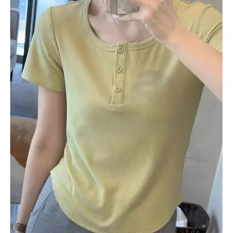 u领锁骨修身正肩短袖t恤女夏纽扣设计感短款小个子纯欲螺纹棉上衣商品大图