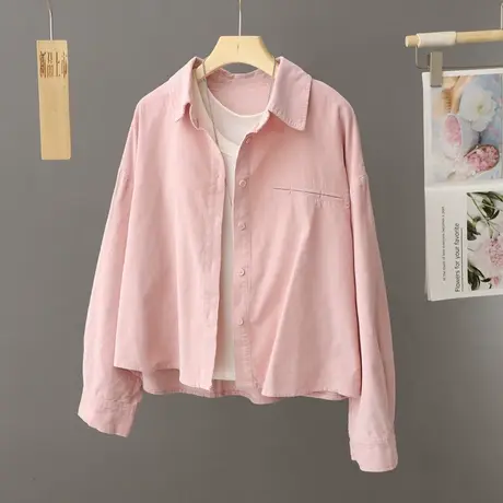 粉色短款衬衫外套女秋季小个子百搭宽松休闲长袖上衣衬衣开衫外搭图片