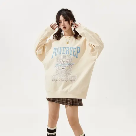 YEP复古印花圆领卫衣女2025春季新款潮牌情侣装宽松oversize上衣商品大图