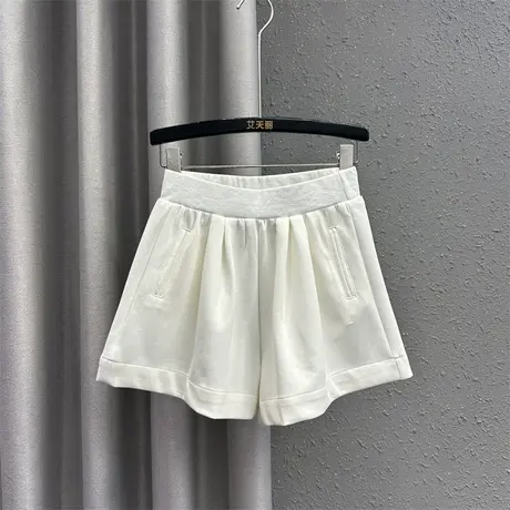 欧货韩版休闲裤女24春季新款米白色松紧腰设计感宽松百搭阔腿短裤图片