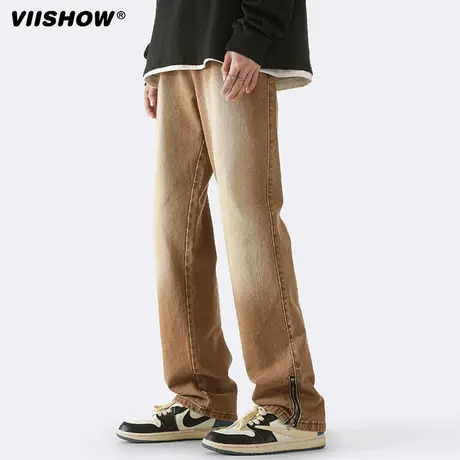 VIISHOW拉链牛仔裤男春季刺绣潮牌裤子美式复古高街宽松直筒裤商品大图
