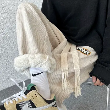 加绒加厚华夫格裤子女秋冬季休闲直筒宽松显瘦保暖运动裤束脚卫裤图片