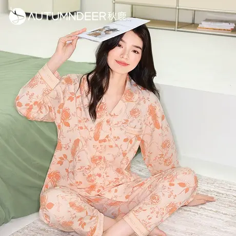 秋鹿春季新款长袖印花纯棉睡衣女士开衫大码春夏薄款全棉家居服图片