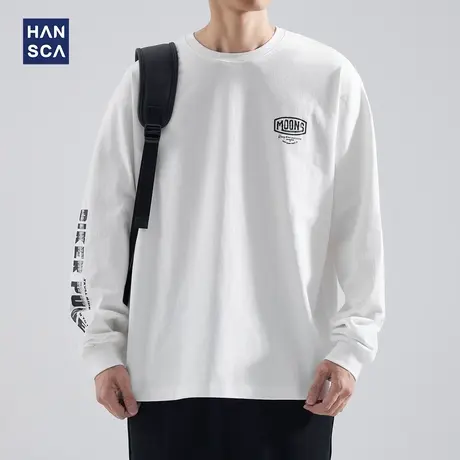 hansca 长袖t恤男2023秋季新款潮牌纯棉重磅宽松百搭休闲套头上衣商品大图